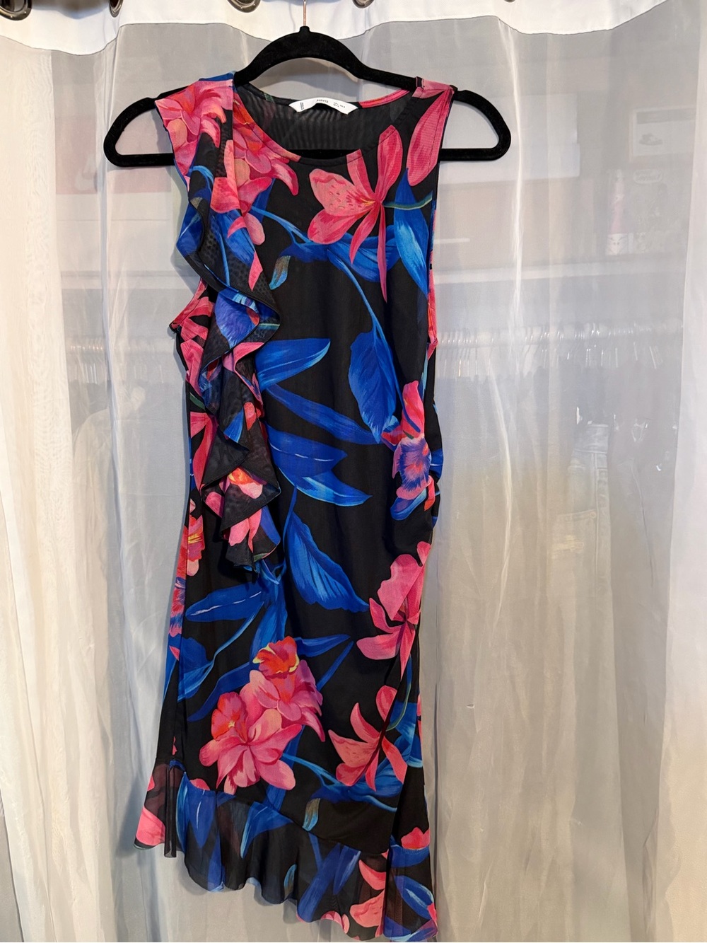 Mango Black One-Shoulder Floral Ruffle Dress with Pink & Blue Blooms